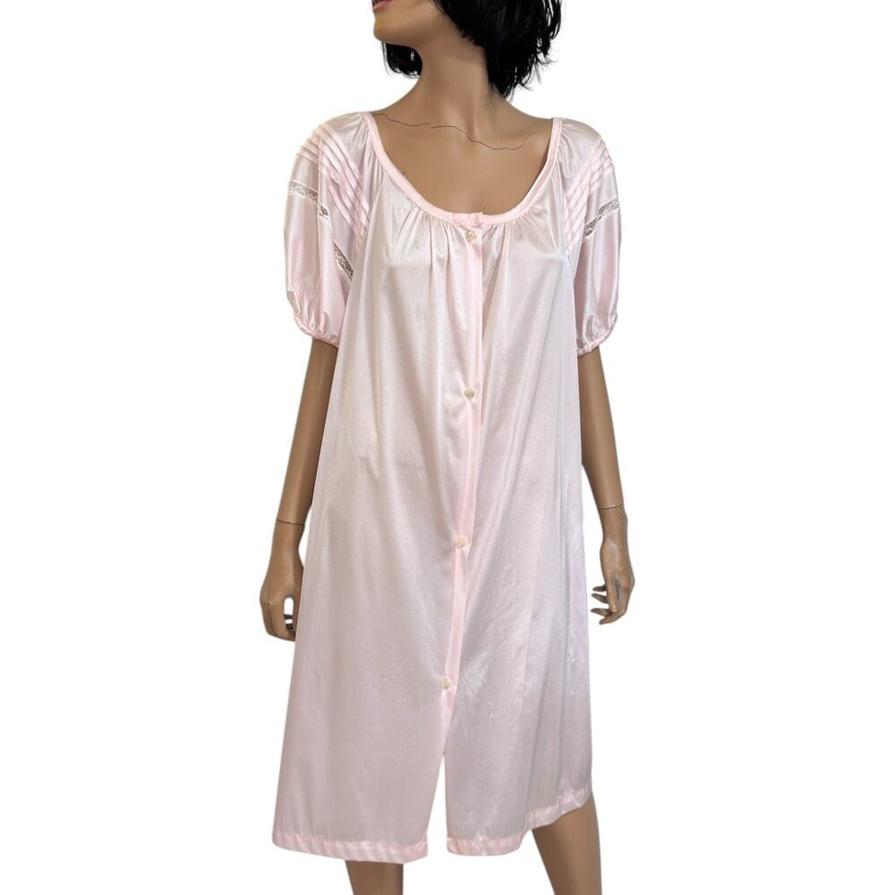 Vintage Movie Star Pink Nylon Dressing Gown Robe XL Puff Sleeve Cottage